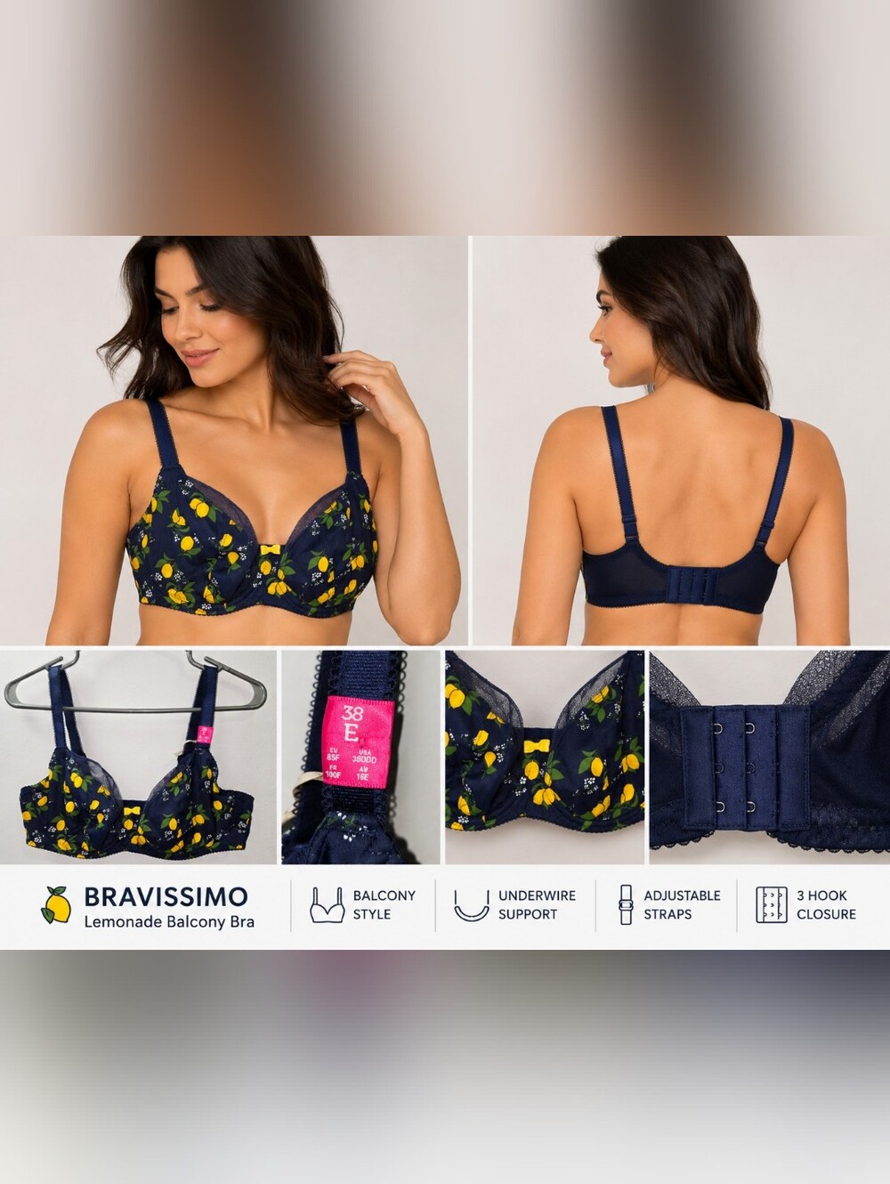 Soma Navy & Yellow Lemon Print Balcony Bra